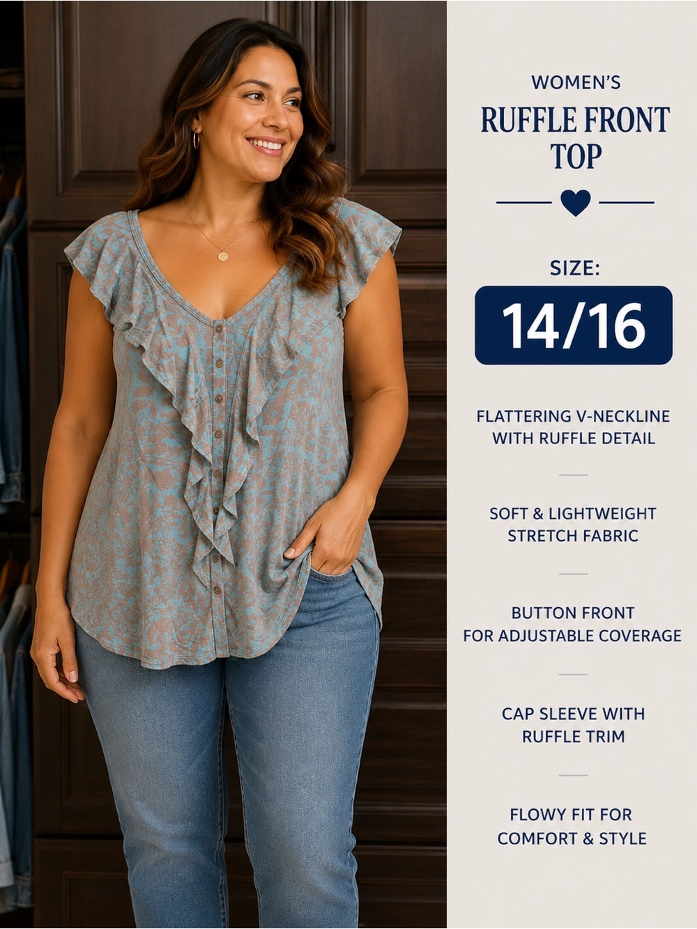 Lane Bryant Blue & Tan Ruffled V-Neck Button-Front Top SIZE 14/16
